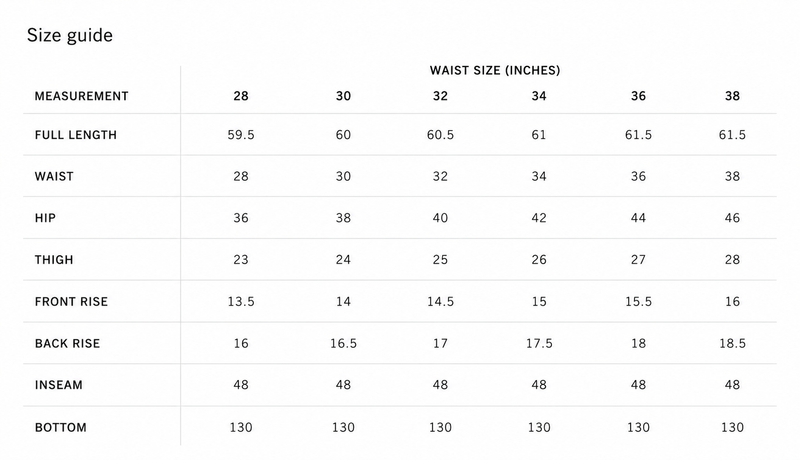 Cascade Flared Pants Size Chart