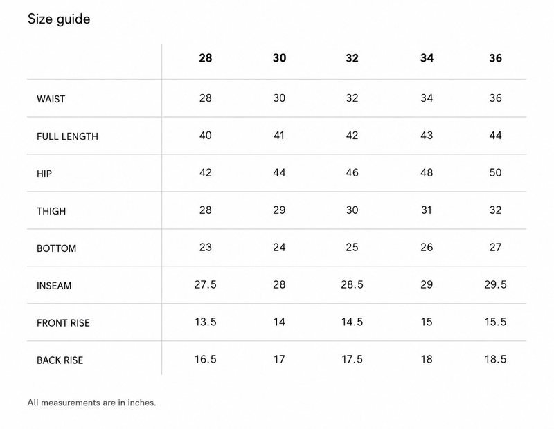 Upside-Down Denim Jeans Size Chart