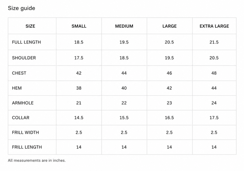 Kaftan Crop Top Size Chart