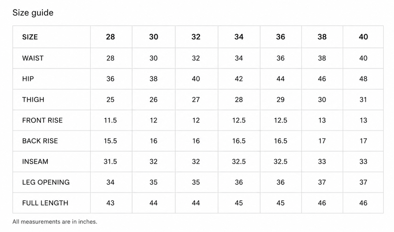 Blue Geometry Jeans Size Chart