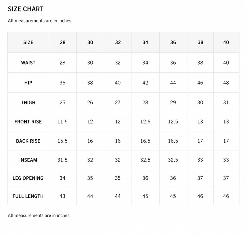 Horizontal Stripped Slit Jeans Size Chart