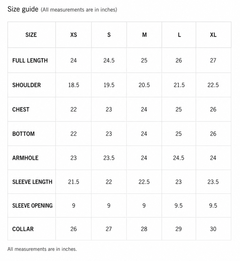 Horizontal Stripped Jacket Size Chart